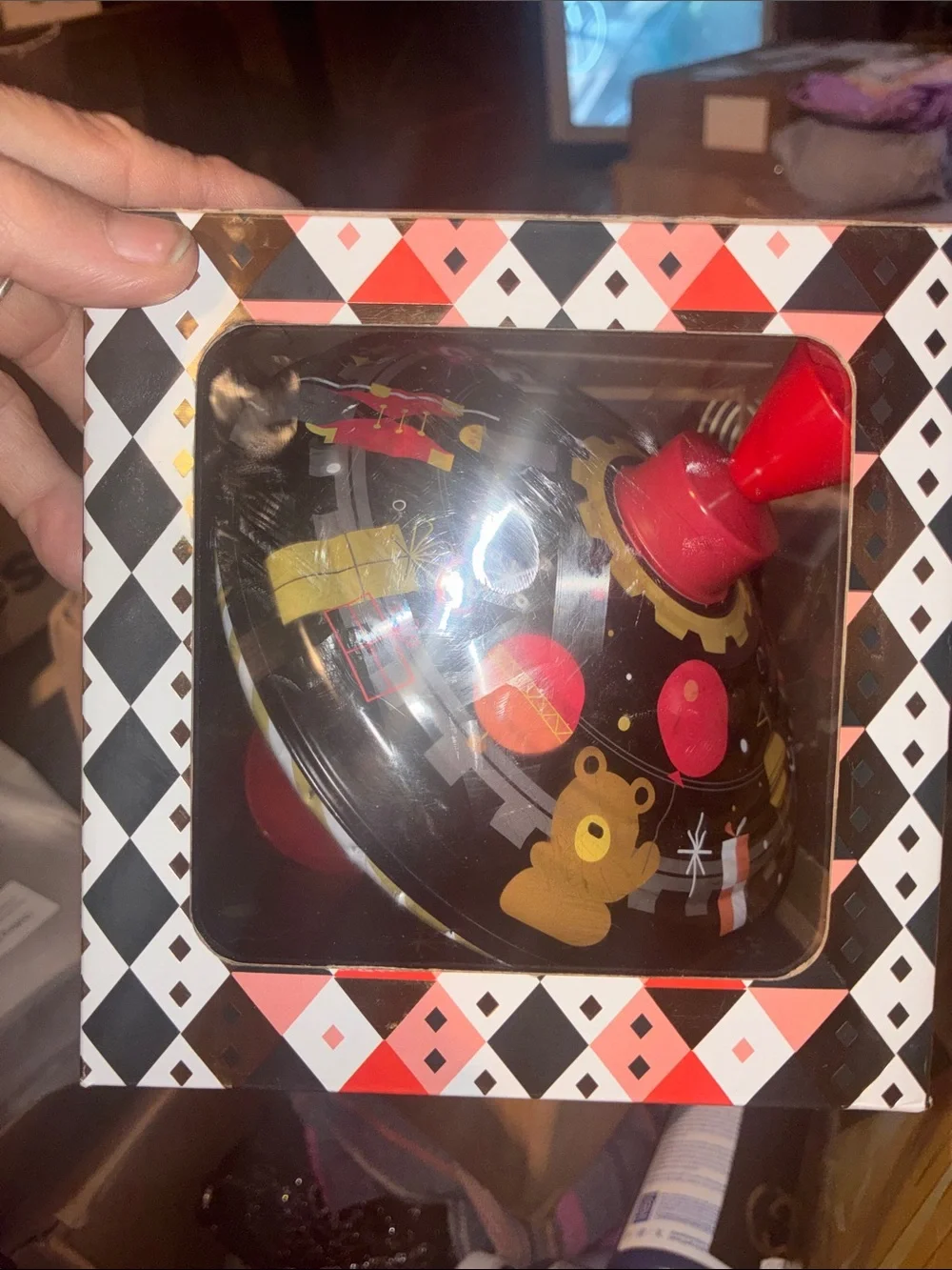Kids Red and Black Spinning Top Toy with Bear Design